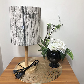 Đèn ngủ để bàn DB-E10 VÂN GỖ, đèn bàn ngủ chóa vải bố linen decor nhà cửa, chân gỗ phong cách, công tắc bật tắt, tặng kèm bóng đèn