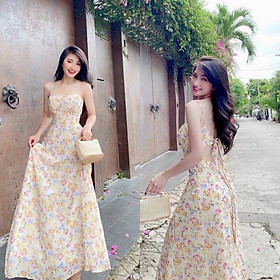 Đầm maxi cột nơ lưng đi biển xinh yêu chất voan hoa có lót và sẵn bra ngực TRIPBLE T DRESS - size M/L - MT1