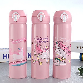 Bình Nước Giữ Nhiệt Hoạt Hình 500ml Nút Bấm Mở Nắp DRU-Hàng Chính Hãng