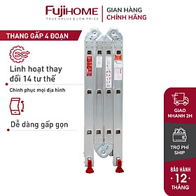 Thang nhôm gấp 4 đoạn FUJIHOME ML103N , chữ A 1.7m- chữ I 3.46m, 14 tư thế sử dụng, tải trọng 150kg, khóa chốt cao cấp và tự động, chân chống trượt - Hàng Chính hãng