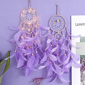 Vòng Dreamcatcher Lông Vũ Có Đèn LED Treo Tường Trang Trí Phòng Ngủ Tặng Kèm Móc Dán Tường