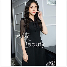 Váy xòe cổ cột nơ phối voan - cực xinh