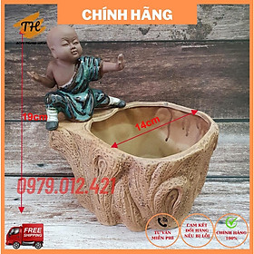 Chậu tượng Chú Tiểu tập võ mini gốm Bát Tràng trồng bonsai cây cảnh để bàn trồng cây cảnh