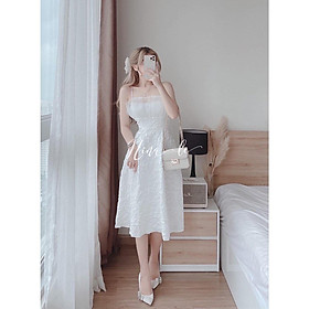 Đầm 2 Dây Nữ Trắng Nhúm Ngực Vải Gấm Voan Dáng Xòe