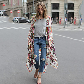 Áo Khoác Voan Nữ Dáng Kimono In Hoa Đi Biển