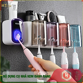 Bộ dụng cụ nhả kem đánh răng tự động 4 cốc và giá treo bàn chải đa năng HT SYS-ECOCO-E1922-chất liệu ABS cao cấp