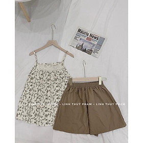 Set 2 Dây Ren Hoa Nhí Hồng LINHLA Nữ Bộ quần đùi đũi áo babydoll thun vintage bánh bèo mặc ở nhà đi ngủ Ulzzang