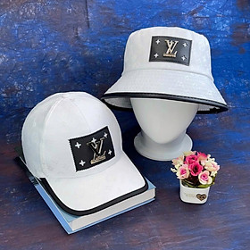 Combo nón cặp nam nữ logo LV sắt phối vải kaki form chuẩn thời trang đường phố cao cấp