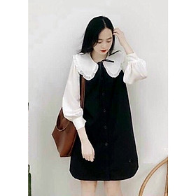 Váy đầm suông thiết kế dáng chữ A, mẫu váy đầm nữ đẹp babydoll cổ bẻ bản to tay phồng, màu đen trắng kết hợp-M044