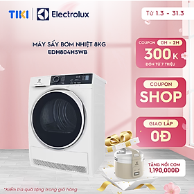 [Free Giao lắp] Máy sấy bơm nhiệt Electrolux Heat Pump 8kg EDH804H5WB - Lồng sấy chuyển động luân phiên, giảm nhăn, bảo vệ sợi vải, giảm phai màu, tiết kiệm 50% điện năng [Hàng chính hãng]