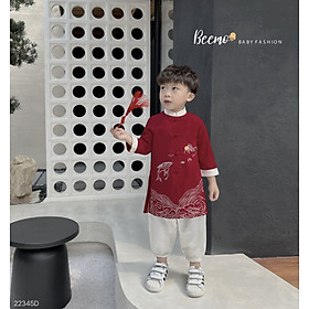 Áo dài cách tân bé trai, Quần áo tết cho bé 9m-6 tuổi thêu hình phối cúc tàu hàng thiết kế vải nhung chéo dáng thời tráo