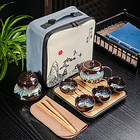 Bộ Bình Trà Tử Sa Tráng Men Hỏa Biến Có Túi Đựng Đi Du Lịch Tiện Lợi Gồm 1 Ấm Trà, 4 Tách, 1 Bình Đựng Trà,1 Khay Trà (Tặng Kèm Khăn Lau Và Gắp Tre)