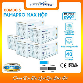 [COMBO 5 Hộp Ưu Đãi] Khẩu Trang Y Tế Kháng Khuẩn Cao Cấp Famapro Max/Kháng Virus, Bụi, Lọc Khuẩn 99% [Chính Hãng Xuất Khẩu Mỹ Hộp 40 Cái