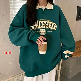 Áo sweater cổ bẻ trắng unisex dáng rộng xanh hottrend hàn quốc