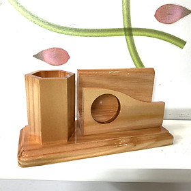 Hộp đựng card visit bằng gỗ để bàn + Cắm bút gỗ - Gỗ thông tự nhiên