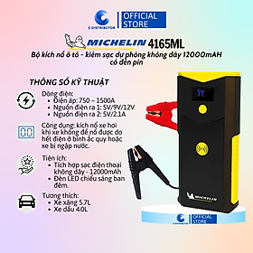 Bộ kích bình ô tô 750A - 1500A chuyên dụng kiêm sạc dự phòng 12000 mAh có đèn pin Michelin 4165ML - Hàng chính hãng