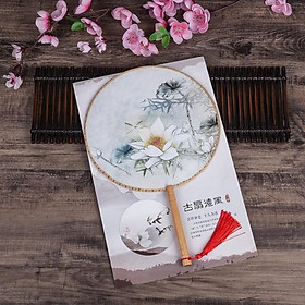 Quạt tròn cổ trang vải lụa dây tuyến sen trắng chuồn chuồn quà tặng xinh xắn cosplay cầm tay tặng ảnh thiết kế độc đáo Vcone
