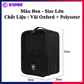 Hình ảnh Túi Đựng Giày Dép Du Lịch Cỡ Lớn 3 Ngăn KUNBE Chất Liệu Chống Thấm Nước, Túi Để Giày Thể Thao Đa Năng Có Móc Gài Tay Kéo Vali Tiện Lợi