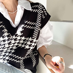 MS739 Áo gile len kẻ caro cổ tim Hàn Quốc học sinh