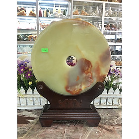 Mua Đồng tiền  đồng điếu may mắn phong thủy chiêu nạp tài lộc đá ngọc Onyx xanh nhạt - Đường kính 26 cm