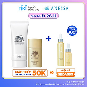 Bộ đôi Kem chống nắng dưỡng trắng dạng gel Anessa Whitening UV Sunscreen Gel 90g + Kem chống nắng dưỡng da dạng sữa bảo vệ hoàn hảo Anessa Perfect UV Sunscreen Skincare Milk SPF 50+ PA++++ 20ml