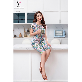 Bộ đồ lửng mặc nhà tole (lanh) Vicci BN10 thiết kế áo cộc tay cổ sen tròn phối in họa tiết