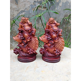 Mua Tượng phật di lặc cưỡi cá chép bằng gỗ hương đá tô làm mầu giả cổ kt 60×15×12cm
