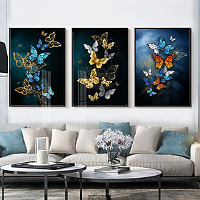 Bộ 3 Tranh Decor Phòng Khách - Tranh Canvas 3 Bức Đàn Bướm Nghệ Thuật Đẹp