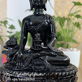 Tượng đá Phật Dược Sư Lưu Ly Quang ngồi tòa sen - Cao 16cm - Màu đen