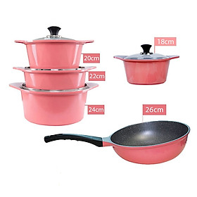 Combo 5 món cao cấp, bộ 4 nồi đúc ceramic 2 tay cầm (Size 18-20-22-24cm) và Chảo đúc chống dính vân đá Hàn Quốc sâu lòng size 26cm - Hàng chính hãng