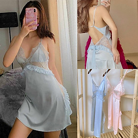 Váy ngủ lụa Quảng Châu ngực màng ren trơn cao cấp quyến rũ