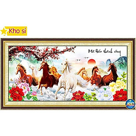 Tranh đính đá hình con ngựa Mã đáo thành công 8 con ngựa Lv187 (100x50cm) Tranh chất lượng cao