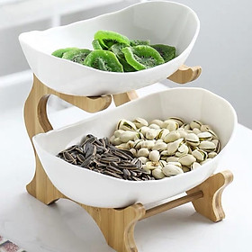 Mua KHAY SỨ ĐỰNG BÁNH KẸO HOA QUẢ 2 TẦNG  CÓ GIÁ ĐỠ BẰNG GỖ  CAMELIA - ANTH290