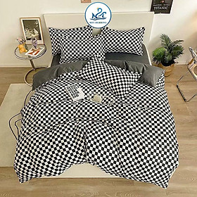 Bộ chăn ga gối Cotton poly M2T Bedding, vỏ chăn mền, drap ga giường và 2 vỏ gối - PL Bàn cờ vua đen nhỏ