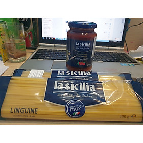 Combo 2 gói Mì Sợi dài dẹp Linguine (Spaghetti) số 5 La Sicilia – 500g và 01 lọ Sốt spagetty cà chua và húng quế 350G