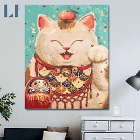 Mua Tranh sơn dầu số hoá có khung -Tranh tô màu theo số Mèo thần tài  chiêu tài