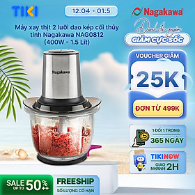 Máy xay thịt 2 lưỡi dao kép cối thủy tinh Nagakawa NAG0812 (400W - 1.5 Lít) - Hàng Chính Hãng