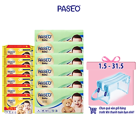 Combo 12 gói khăn giấy Paseo baby 50 tờ 3 lớp và khăn ướt em bé Paseo 50 tờ chiết xuất tinh dầu hoa cúc la mã