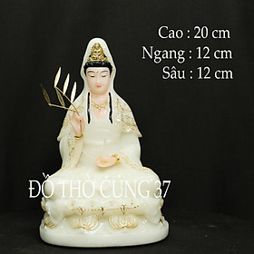 [ Cao 20 cm , màu kem vàng + xanh ] Tượng Quan Âm Tọa Đài Sen Chất Liệu Bột Đá + composite