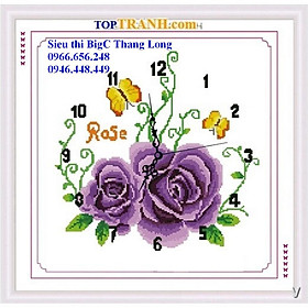 Tranh thêu chữ thập đồng hồ hoa hồng tím A1105