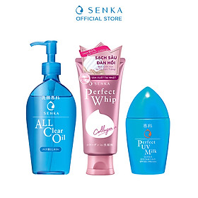 Bộ sản phẩm Senka sạch sâu đàn hồi và chống nắng ẩm mịn (Dầu tẩy trang 230ml + SRM Collagen 120g + Sữa chống nắng UV Milk 40ml)