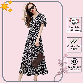 Đầm xòe maxi lụa hoa cúc tay cánh tiên siêu xinh - VN432001