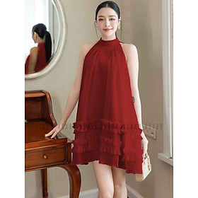 Đầm yếm đỏ phối bèo NGADO , đầm cổ yếm , đầm suông , đầm dạo phố , dự tiệc