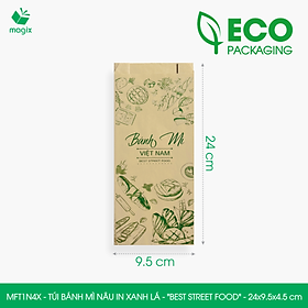 MFT1N4X - 24x9.5x4.5 cm - 1000 Túi bánh mì Nâu, in sẵn họa tiết BEST STREET FOOD - Bao bánh mì Túi giấy thực phẩm an toàn