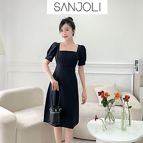 Váy Công Sở Nữ SANJOLI Đầm Dự Tiệc Thiết Kế Cổ Vuông Tay Phồng Họa Tiết Xếp Ly Phong Cách Hàn Quốc Sang Trọng VD017
