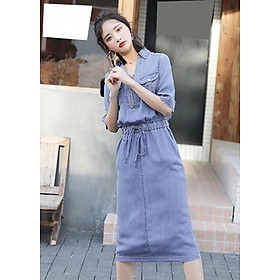 Đầm Jean Nữ Thắt Dây Eo Cổ Bẻ Thanh Lịch Form Dài 