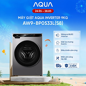 Máy giặt cửa trước AQUA Inverter 9kg AW9-BP0533L(S8) - Bảo hành 2 năm - Freeship toàn quốc - Hàng chính hãng