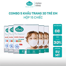 Combo 05 Khẩu Trang 3D Trẻ Em Niva Hộp 15 Cái Cấu Trúc 3 Lớp Ngăn Bụi Mịn Kháng Khuẩn Hàng Chính Hãng Cao Cấp Cho Bé Từ 1-6 Tuổi