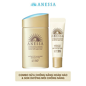 Bộ đôi Kem chống nắng dưỡng da dạng sữa bảo vệ hoàn hảo Anessa SPF 50+ PA++++ 60ml và Son dưỡng môi chống nắng Anessa Perfect UV Lip Balm SPF 35 PA+++ 5g