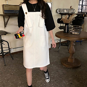 Đầm yếm jean ngang gối đai bảng to cài nút, hàng xịn Quảng Châu cao cấp C155